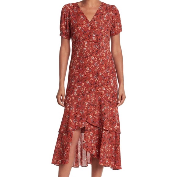 Nanette Lepore Dresses & Skirts - Nanette Lepore Floral Puff Sleeves Faux Wrap Tier Midi Dress Ruffle High Low 10